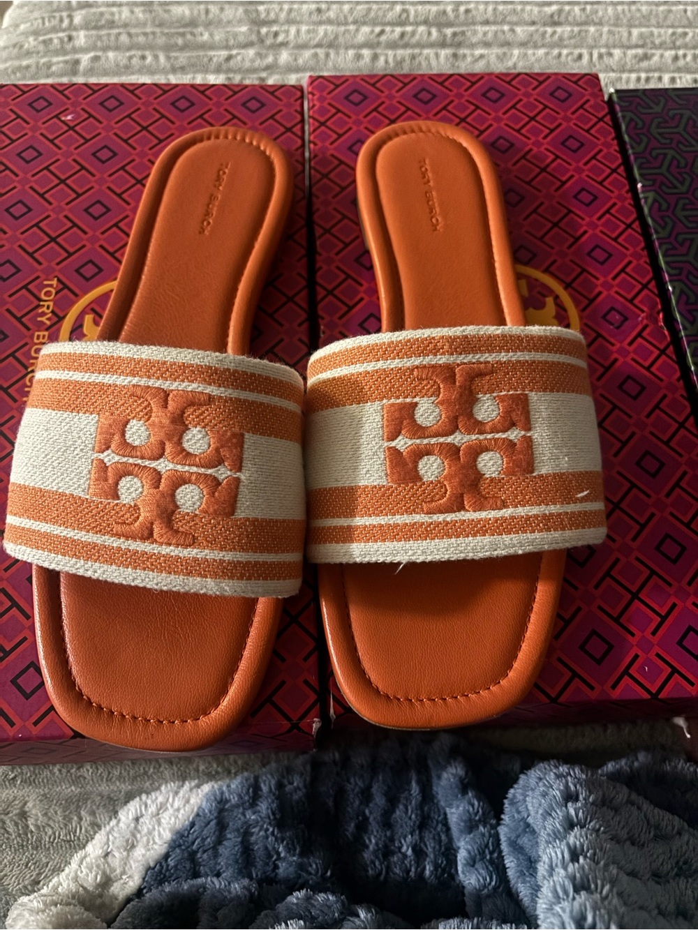 Tory Burch Orange and Cream Slide Sandals with Logo Strap - Picture 2 of 4